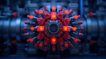 Fototapeta premium A close-up of a futuristic mechanical component, featuring vibrant red elements and intricate designs, set against a dark, industrial backdrop.