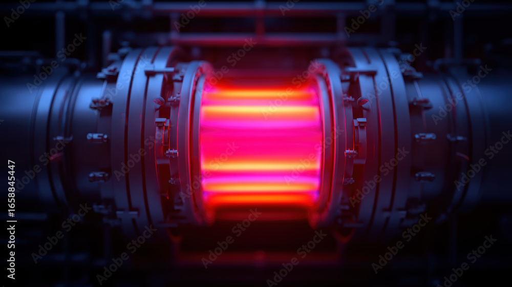 Poster a futuristic machine component glowing red, showcasing intricate details and metallic structure, lik