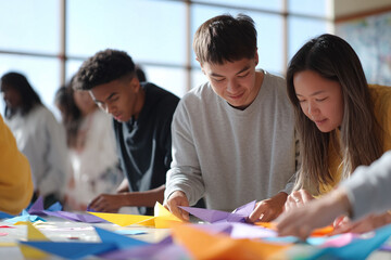 Diverse group crafting colorful origami. Symbolizes collaboration, creativity, teamwork, and learning. Ideal for illustrating education, community, or problemsolving.