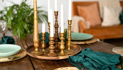Wooden candle holders on a table setting