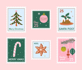 Christmas postage stamps collection. Winter holidays prints for greeting card and textile. Cute bright xmas posters or labels. Hand drawn flat design vector illustration.
