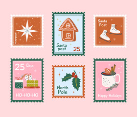 Christmas postage stamps collection. Cute bright xmas posters or labels. Winter holidays prints for greeting card and textile. Hand drawn flat design vector illustration.

