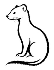 Minimalist black silhouette of a stoat (weasel) sitting in profile, elegant tribal style, ink outline, isolated on transparent background.