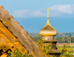 Wooden church steeple with autumn colors