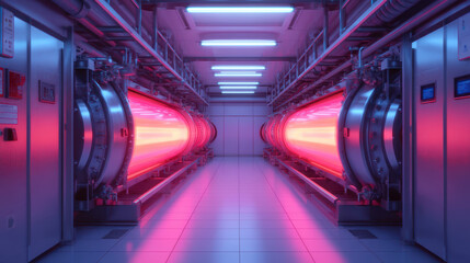 Fototapeta premium A futuristic interior featuring glowing tubes and sleek machinery, illuminated by vibrant pink and blue lights, creating a sci-fi atmosphere.