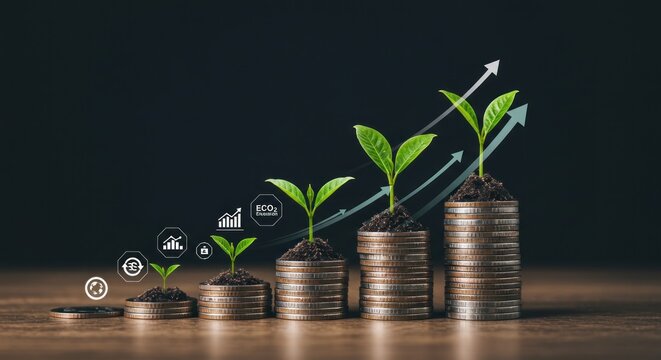Stacks of coins with growing plants on top symbolizing financial growth and environmentalism