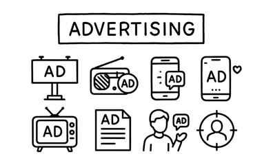 Linear icons of advertising media with radio, tv, and mobile devices