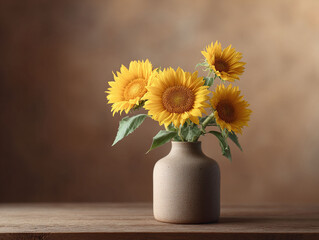 Bright sunflowers in a rustic vase evoke warmth and joy. Perfect for conveying positivity, nature, and home decor. Use for greeting cards, website headers, or editorial content.