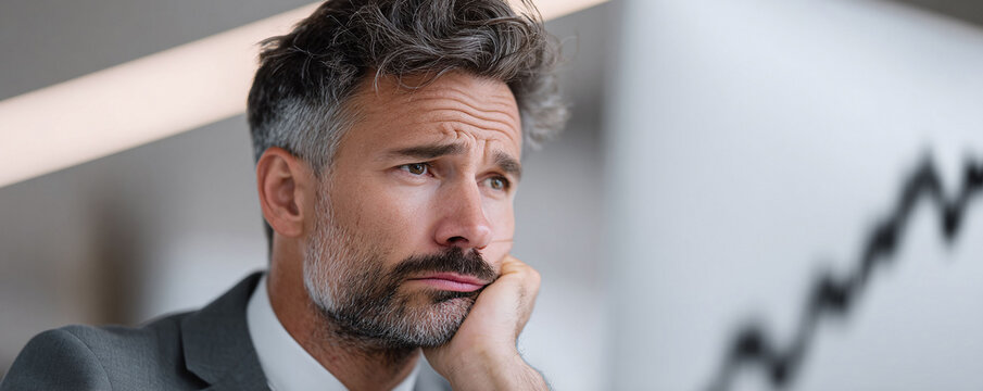 Worried businessman, pondering problems. Concept for finance, failure, stress, or decisionmaking. Depicts concern and challenge in professional settings.