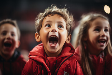 Young children with wide smiles cheering loudly in stadium stands during an exciting match with festive energy