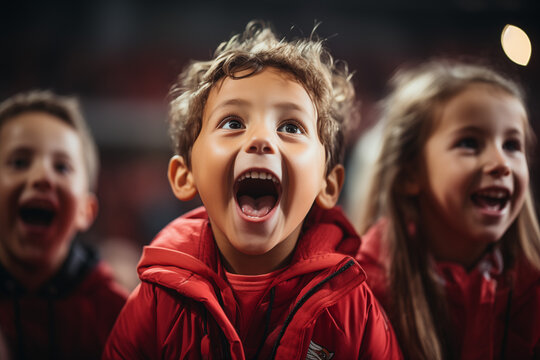 Young children with wide smiles cheering loudly in stadium stands during an exciting match with festive energy