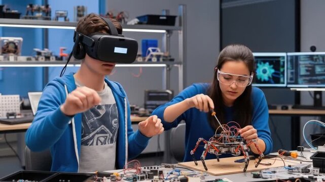 Students working on robot with vr headset and safety glasses in laboratory