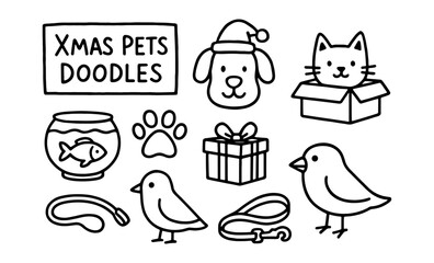 Cute christmas pet doodles collection featuring dog, cat, birds, fish, and holiday gifts in line art style