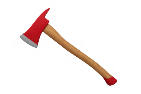 Firefighter axe with wooden handle on transparent background