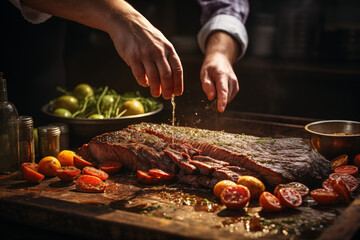Chef seasoning grilled meat surrounded by vegetables and spices on rustic wooden board in gourmet kitchen lighting