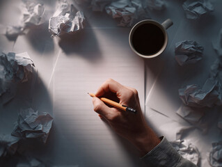 Writers block concept. Hand writing on paper surrounded by crumpled paper, coffee nearby. Represents creativity, ideas, and the writing process.