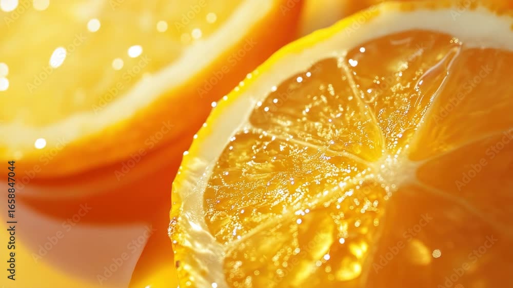 Poster a close-up of fresh oranges with juice on them, ready to be enjoyed. refreshing and sweet, they are 