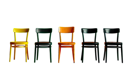Five simple chairs in varying shades of yellow, orange, dark green, and black, arranged in a row against a black background.  The chairs are slightly pixelated or grainy in appearance