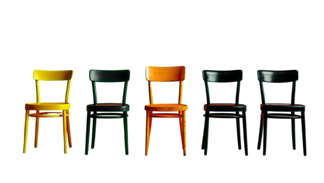 Five simple chairs in varying shades of yellow, orange, dark green, and black, arranged in a row against a black background.  The chairs are slightly pixelated or grainy in appearance