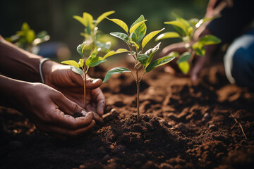 Close-up of hands gently planting small green seedlings in moist soil under soft natural sunlight in a garden setting
