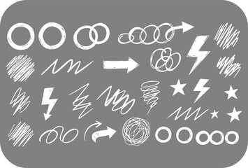 Collection of hand drawn white graphic elements including circles arrows lightning bolts scribbles stars and swirls on a gray background representing design elements and icons