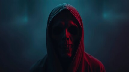 Hooded figure w skull mask reddark lighting