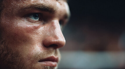 Obraz premium Closeup of a determined, sweaty face in profile. Shows focus, effort, and grit. Ideal for sports, fitness, health, or mental strength concepts. Inspiring and powerful.
