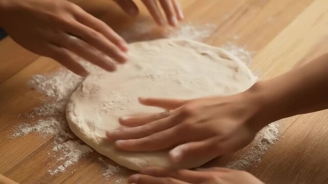 Four hands flatten dough on a floured wooden surface suggesting baking or food preparation