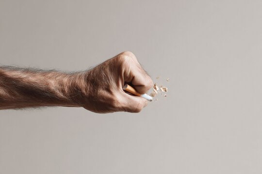 Closeup of a clenched fist crushing a cigarette, symbolizing quitting smoking, breaking addiction, and taking control. Perfect for health campaigns, articles, or web content.