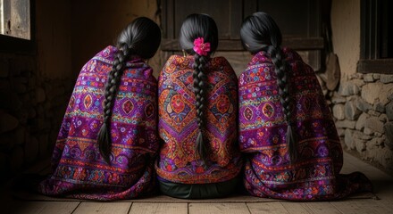 Three women with braided hair wearing colorful woven blankets