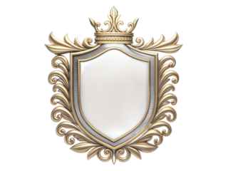 Elegant golden shield with crown and floral ornamentation for royal branding