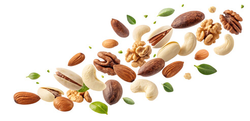 A dynamic assortment of mixed nuts and seeds in mid air against a black background