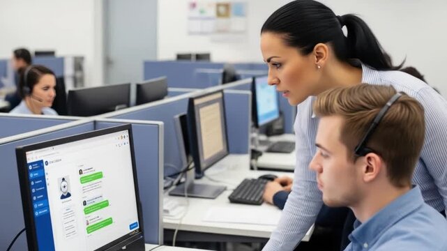 Woman helping man at computer in call center with other workers nearby