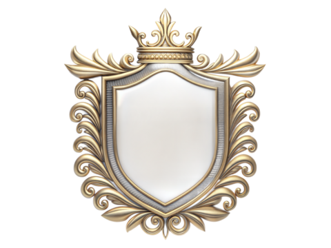 Elegant golden shield with crown and floral ornamentation for royal branding