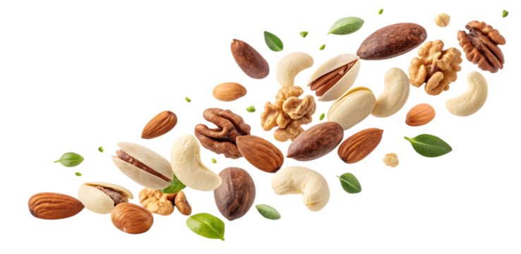 A dynamic assortment of mixed nuts and seeds in mid air against a black background