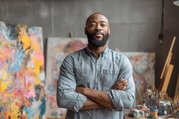 Obraz premium Black artist in a portrait poses with arms crossed as a creative workshop instructor