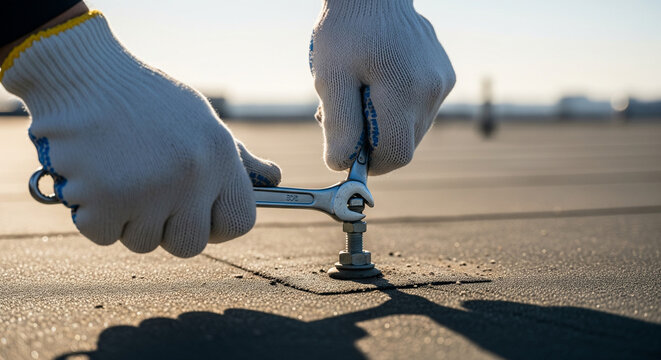A close-up shot of a worker's hands in white gloves using a wrench to tighten a bolt on a flat roof. The low angle of the sun casts a long shadow, highlighting the detail of the work