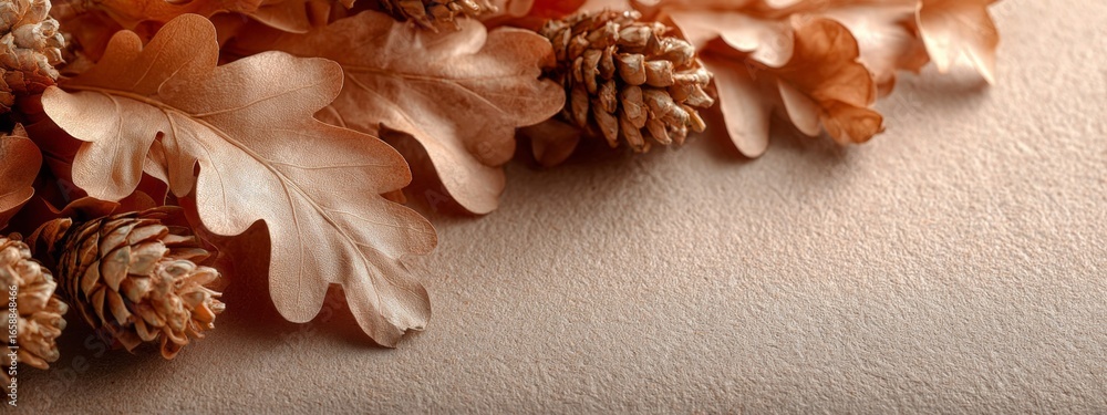 Poster autumn leaves and pine cones create a warm seasonal display on a textured surface in soft natural li