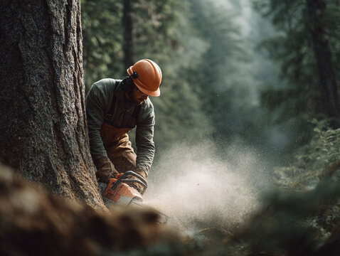 A lumberjack works diligently in a serene forest, cutting a tree with a chainsaw. Depicts hard work, skill, and nature. Great for industry or outdoor concepts.