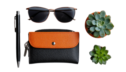 Flatlay of sunglasses, wallet, pen, and succulents