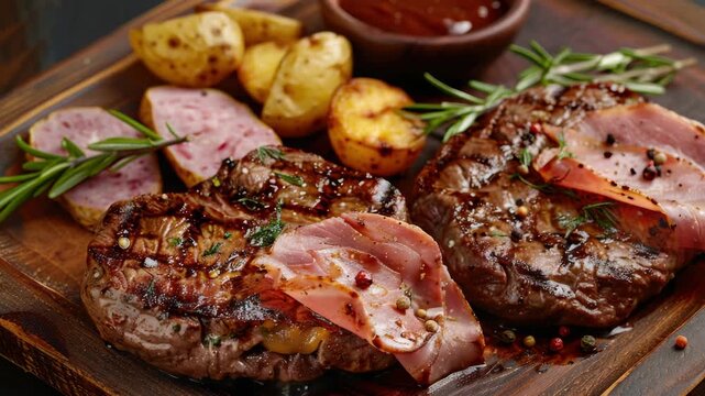 Delicious grilled steak and roasted potatoes on wooden table. Healthy, gourmet dish with aromatic rosemary.