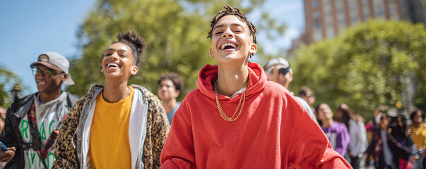 Obraz premium Smiling youth walking together in a park, radiating joy. Diverse group enjoying urban life, perfect for representing community, friendship, and positive vibes.