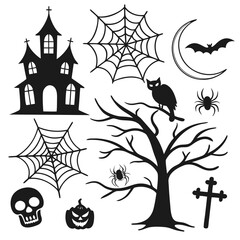 Collection of spooky halloween silhouettes including haunted house spiderwebs bat moon owl spiders skull pumpkin and cross