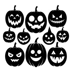 Obraz premium Collection of black silhouette halloween pumpkins with carved faces on white background
