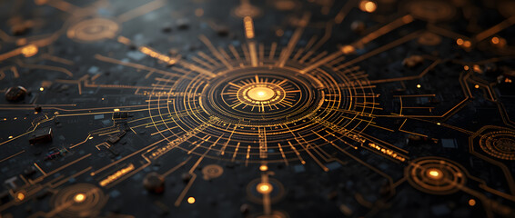 Soleil central au motif de circuit imprimé doré et ses points lumineux sur fond noir, créant une atmosphère futuriste et high-tech 