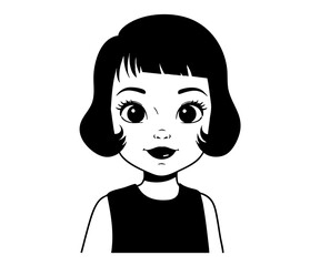 A cute black and white portrait of a young girl with a short bob and big eyes. This charming and simple character graphic is perfect for avatars or children's designs.