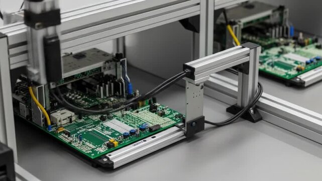 Close up shot of two electronic circuit boards on a testing apparatus indoors