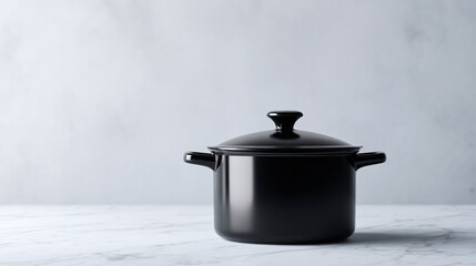 Sleek black cooking pot with lid on marble surface. Minimalist kitchenware. Represents home cooking, culinary arts,  healthy eating. Use for blog, website, or ad.