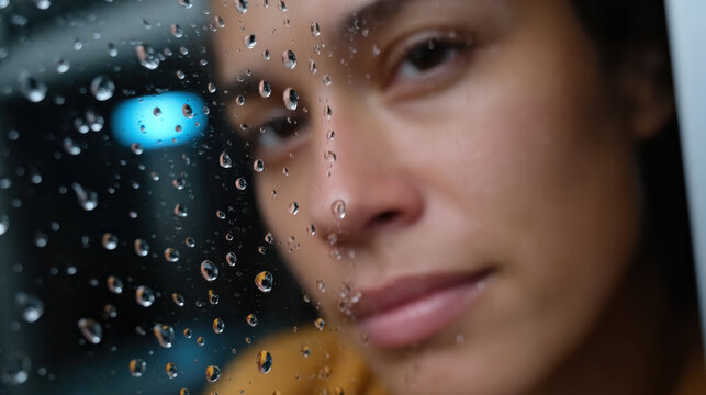 A thoughtful woman closely observes her reflection in a rain-drenched window, encapsulating a moment of contemplation layered with emotions of solitude and connection.