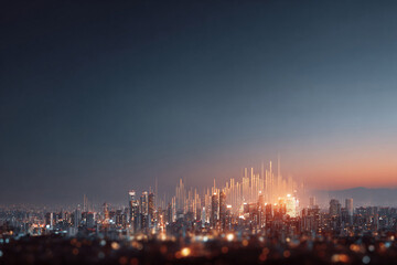 Futuristic cityscape at dusk with digital network overlay. Ideal for illustrating connectivity, tech, finance, or urban development concepts with a modern, sophisticated feel.